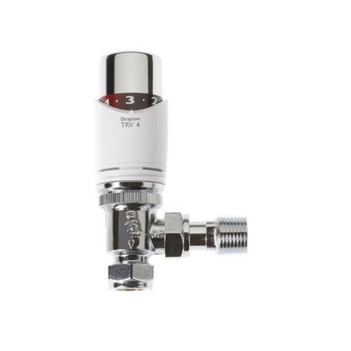 Drayton TRV4 angled thermostatic radiator valve with chrome head and white body, suitable for 10 mm pipe, showing numbered dial ring and compression fitting