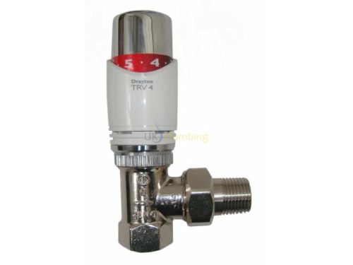 Drayton TRV4 1/2" angle thermostatic radiator valve with white and chrome temperature control head, angled chrome body, and compression fitting, designed for precise radiator temperature regulation in central heating systems.