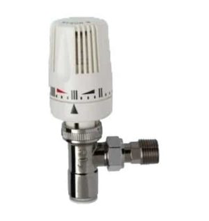 Myson chrome-plated 15 mm 2-way thermostatic radiator valve with white adjustable control head and lockshield fitting