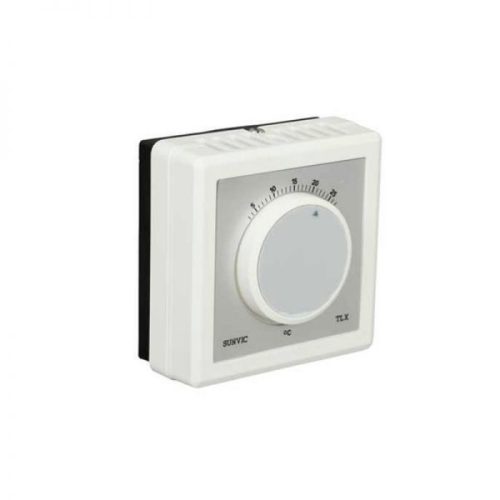 Sunvic TLM2253 room thermostat in white plastic casing with central rotary temperature control dial marked in degrees Celsius and Sunvic branding at the base.