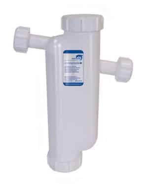 White Sentinel Condensafe Plus acid neutraliser unit with side and top inlet/outlet connections, designed for use with condensing boilers to neutralise acidic condensate before discharge.