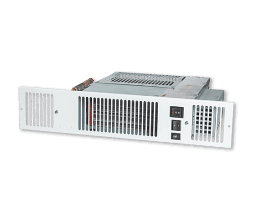 Myson Kickspace 500 Duo ECO fan convector heater with white front grille, integrated air vents, fan control switches and compact rectangular body—designed for under-cupboard (plinth) installation.
