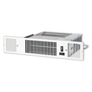 Myson Kickspace Convector 800 H plinth fan convector heater in white casing with front grille, compact low‑profile design for under-cupboard installation, pre-wired with flexible hoses for central heating connection.