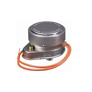 Honeywell 40002737-003 240V synchron motor with two blue electrical wires and mounting bracket, designed as a replacement motor for Honeywell motorised zone valves in central heating systems.