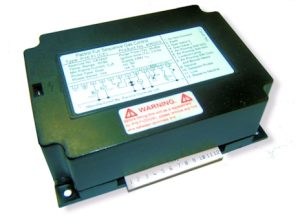 Pactrol 406203 V01 P16fi control box in black rectangular casing with printed wiring diagram label, warning sticker, and numbered terminal block for gas appliance control.