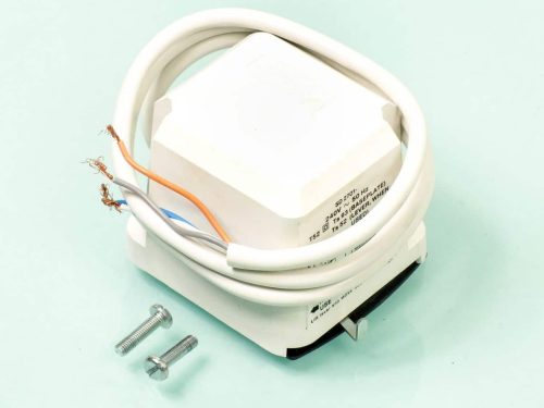 Sunvic SD2701 white plastic mid‑position spring‑return actuator with four coloured wires (grey, orange, blue, white), manual lever and mounting holes for valve installation.