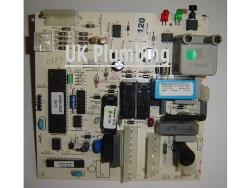 Potterton Supprima 120 L main control PCB (part no. 5106568) featuring a beige printed circuit board populated with relays, capacitors, fuse, connector blocks, and wiring terminals.