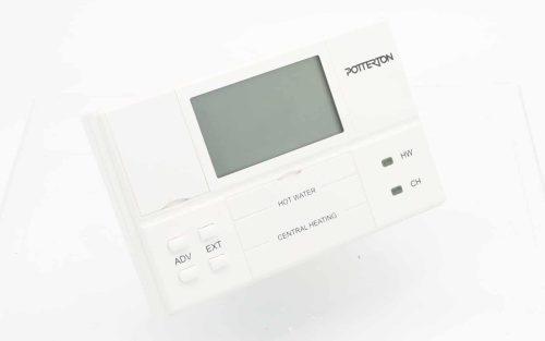 Potterton EP2 electronic two-channel programmer with LCD display, white casing, control buttons for central heating and hot water, and labelled indicators for CH and HW. Ideal for dual-zone heating systems.