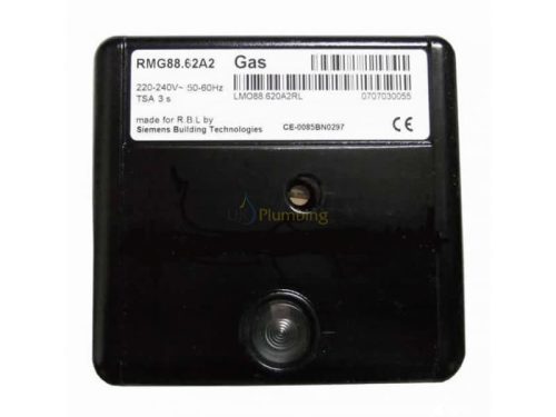 Black Riello RMG88.62A2 gas control box with white product label, barcode, and CE marking, designed for use in heating and burner control systems.