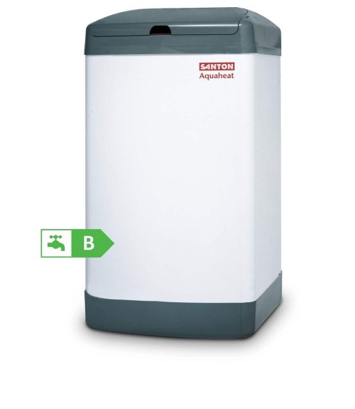 Santon AquaHeat AH10‑2.2 unvented water heater in white cylindrical tank design, 10 litre capacity with 2.2 kW heating element, featuring pressure relief valve and 15 mm push-fit connections for mains cold water feed.