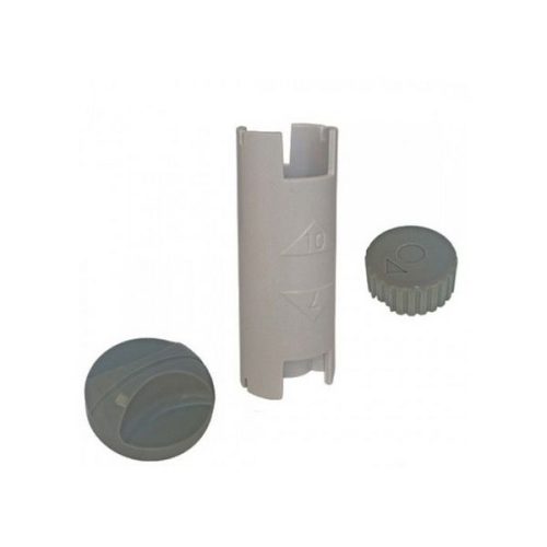Heatrae Sadia Streamline control knob kit featuring two white circular knobs with grey markers and chrome-plated retaining rings, designed as replacement controls for Streamline water heaters.