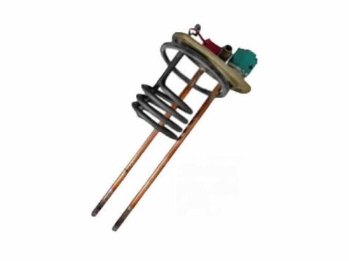 Heatrae FBM 3 kW heater element assembly 95606760 with two stainless steel immersion rods, cable connection housing and integrated thermostats in a grey plastic end cap.
