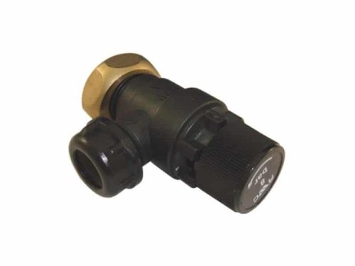 “Heatrae 8 bar expansion pressure relief valve 95607028 in brass with black plastic adjustment cap, 22 mm inlet and 15 mm outlet compression fittings.”