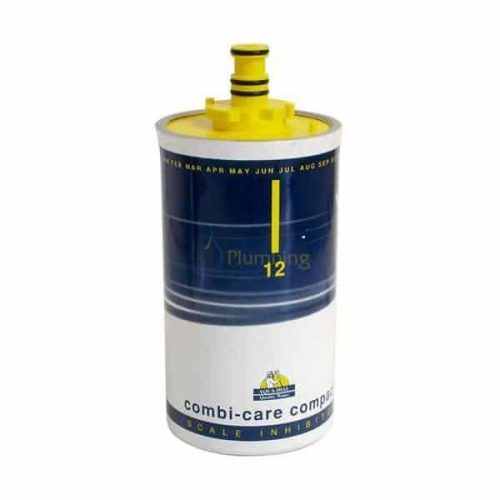 Aqua Dial Combi‑Care refill cartridge with yellow twist‑lock top, blue-and-white cylindrical body labelled ‘COMBI CARE scale inhibitor’, and built-in O‑ring connector.