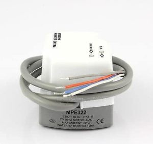 Myson Potterton ACT322 actuator in grey plastic housing with black cable lead, labelled faceplate, and mounting bracket for use with central heating zone valves.