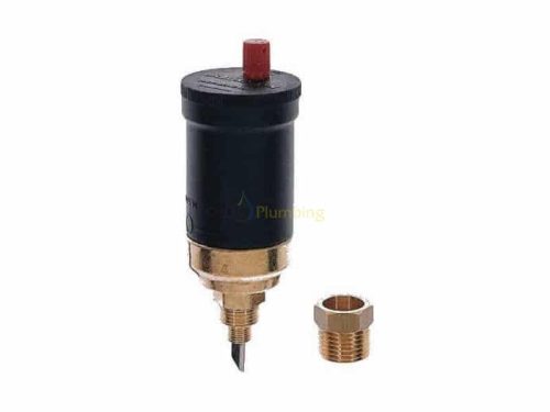 Honeywell EA122 automatic air vent in black thermoplastic body with brass 1/8″ male connection, red vent cap, float valve below and integrated shut‑off facility