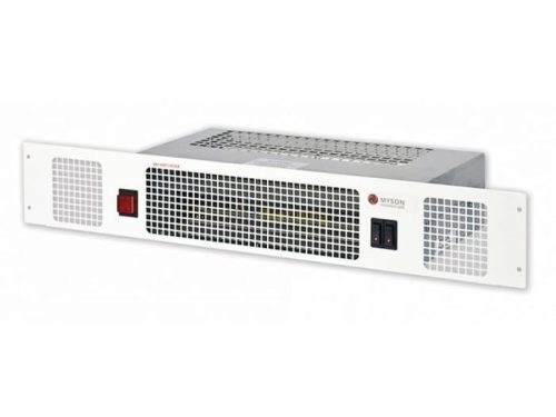 Myson Kickspace 600 E ECO hydronic fan convector heater in white steel casing, with central front grille for airflow, user controls including a fan speed switch, and compact low‑profile design for installing into under‑cupboard (plinth) spaces.