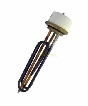 Santon EY311C immersion heater with water thermostat, featuring a copper heating element, black protective sheath, and brass threaded mounting head with white cap.