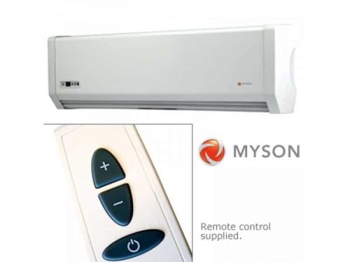 Myson Hi-Line RC-15-10 fan convector heater in sleek white metal casing, wall-mounted above floor level, with concealed grille and digital control display; includes a handheld remote control.