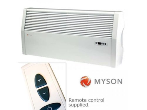 Myson Lo‑Line RC 14‑10 fan convector heater in white steel casing with concealed vents, wall‑mounted low‑level design, and compact profile of approximately 854 mm wide × 385 mm high × 130 mm deep.