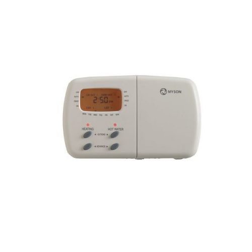 Myson MEP2C dual‑channel electronic programmer in white plastic casing with LCD display and six push‑buttons, designed for central heating and hot water scheduling.