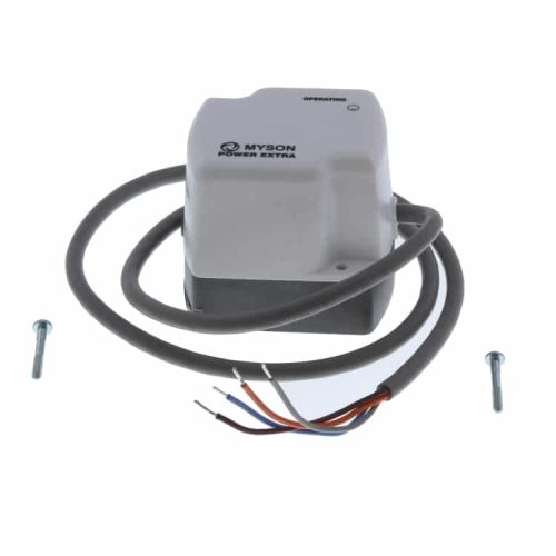 Myson PowerExtra 22 mm zone valve with brass body, silver motorised actuator housing, manual lever, and compression fittings for central heating systems.