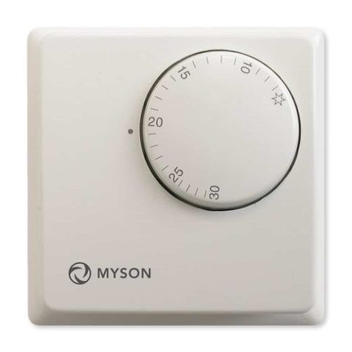 Myson MRT1 mechanical room thermostat in white plastic casing with central rotary temperature dial marked in degrees Celsius, a built-in on/off switch and Sunvic branding engraved at base.
