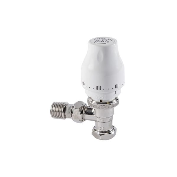 Myson Petite thermostatic radiator valve and elbow 10mm Nickel