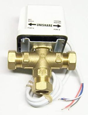 Sunvic SDMV 2304 MoMo 22 mm mid-position motorised valve with silver actuator housing, brass valve body, manual override lever, and compression fittings for central heating systems.