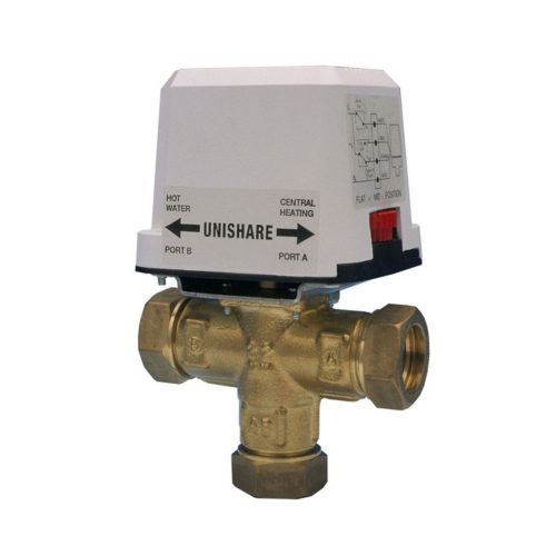 Sunvic SDV2211 three‑port Unishare mid‑position valve in 22 mm brass with white motorised actuator, compression connections, manual override lever and wiring cable entry