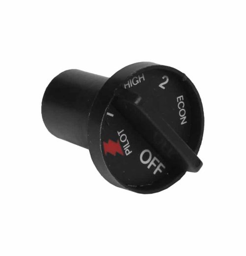 Robinson Willey SP991967 black plastic control knob featuring a raised pointer lever, dial markings ‘PILOT’, ‘OFF’, ‘1‑4’, ‘HIGH’ and ‘ECON’, and a cylindrical mount stem.