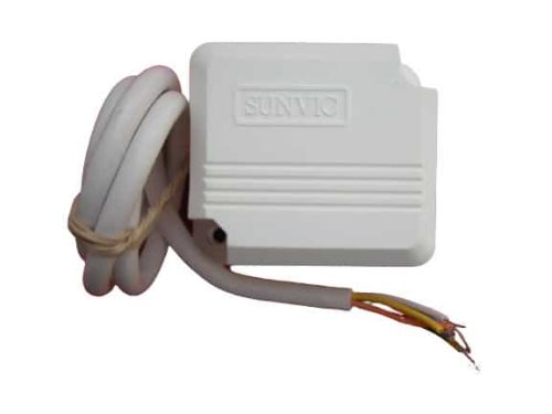 Sunvic SZ2301F white spring‑return valve actuator with mounting bracket, manual lever and single cable conduit entry, designed for two‑port boiler zone valves