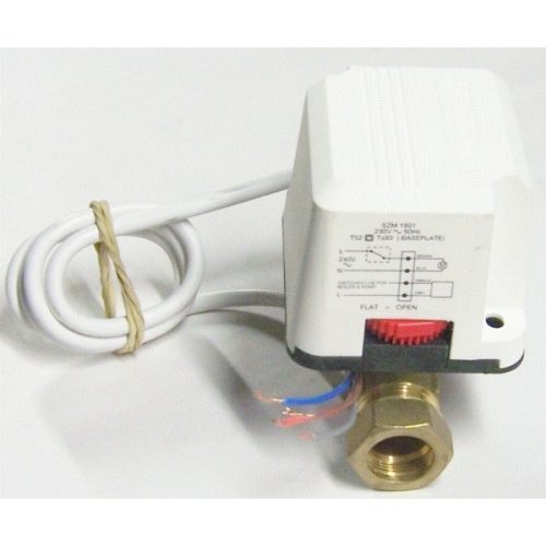 Sunvic SZMV‑2305 MoMo 22 mm two‑port motorised valve in white housing with grey actuator unit attached to a 22 mm copper pipe stub. Designed for controlling hot water or heating flow in domestic plumbing systems.