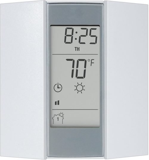 Front view of an Elements eStat 763 electronic 7‑day thermostat in white, featuring a central rectangular LCD screen with time and temperature display, flanked by slim vertical side panels; designed for room and floor sensing with programmable weekly control.