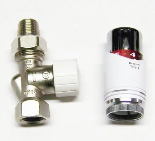 Chrome-finished Drayton TRV4 angle thermostatic radiator valve (3/4″) featuring a white and chrome numbered thermostat head, angled body with compression fittings and a liquid-filled sensor for precise temperature control.