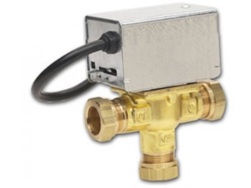 Honeywell V4073A‑1039 22 mm three‑port mid‑position diverter valve in brass with integrated 230 VAC spring‑return motor housing, manual override lever, and 1 m multi‑core cable lead.