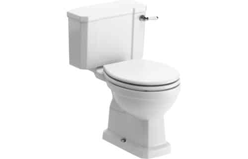 Benue Close Coupled WC & Satin White Wood Effect Seat w/Br.Brass Finishes