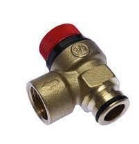Brass pressure relief valve with red cap and push-fit connection for plumbing and heating systems.
