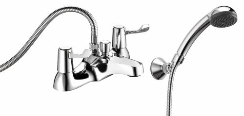 Lever action deck mounted bath shower mixer