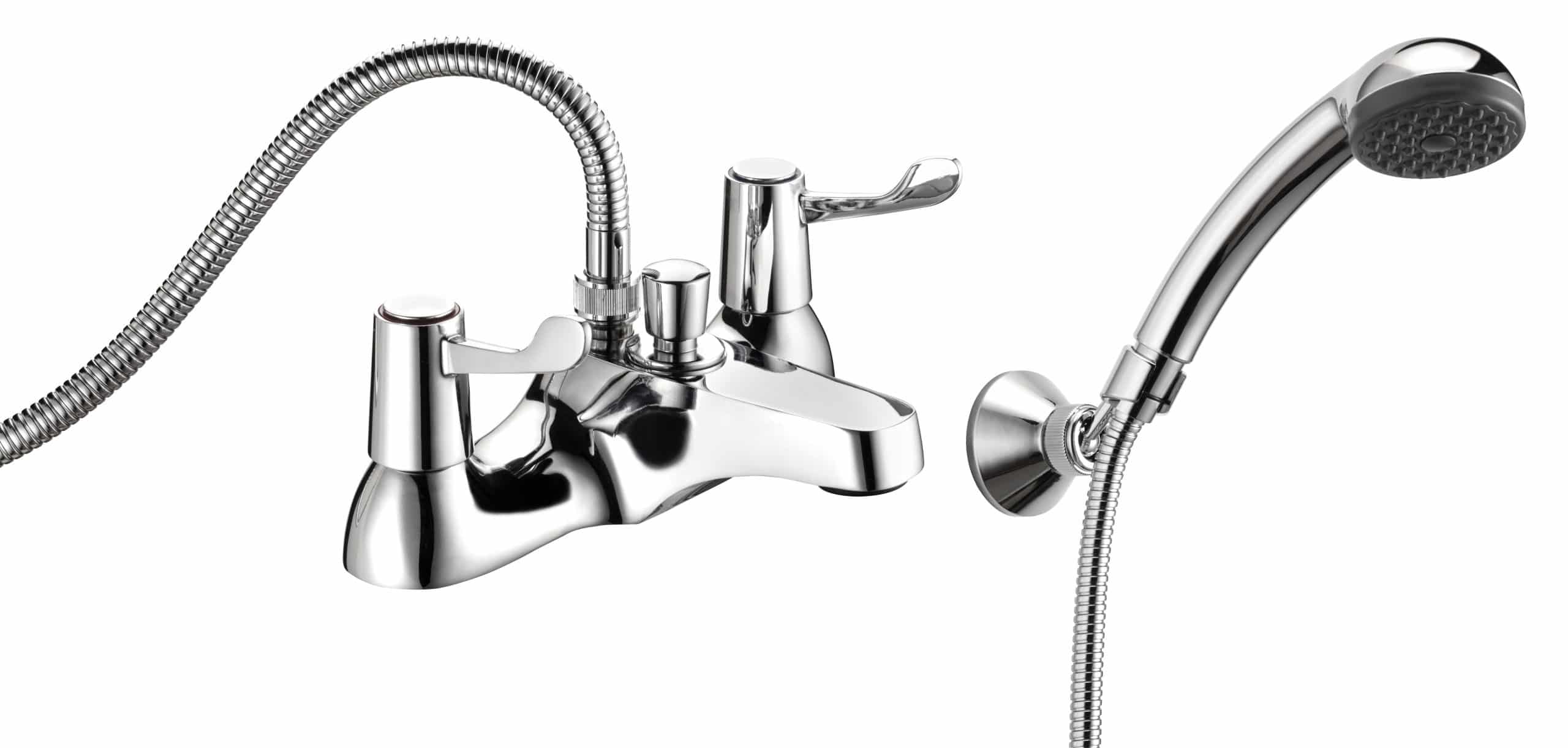 Lever action deck mounted bath shower mixer