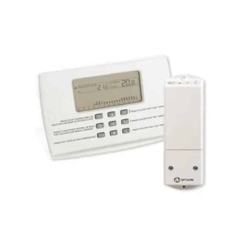 Myson MPRTRF wireless programmable room thermostat in white casing with LCD display showing time and temperature, six push-buttons along the base and RF wireless signal icon.
