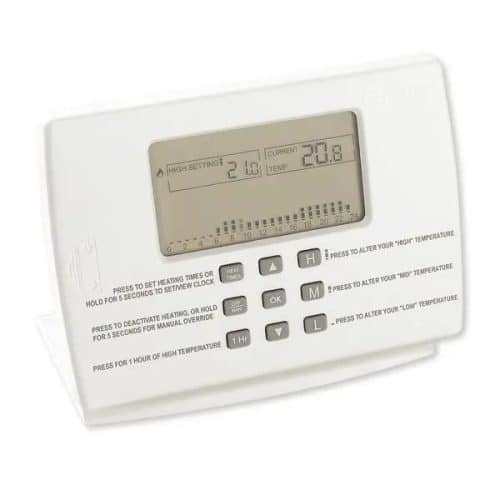 White Myson MPRT wired programmable room thermostat featuring a clear rectangular LCD screen above a row of soft-touch control buttons, with printed programme guide text beneath; slim rectangular design with Myson logo and two-wire connection housing visible.
